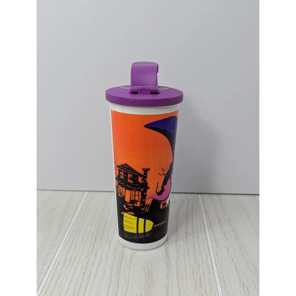 Tupperware 16 oz Halloween Witch Flip‎ Top Plastic Tumbler Cup orange purple